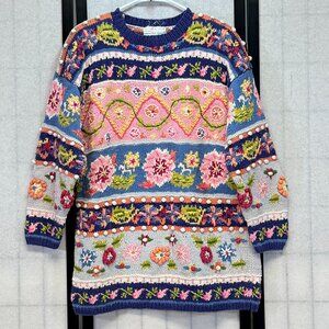 Jennifer Reed Long Sleeve Hand Knit Flower Stripes Crew Neck Tunic Sweater M 80s